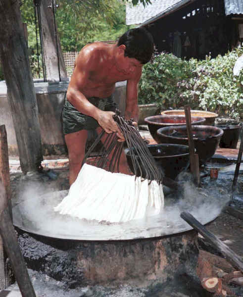 Plunging the fresh cotton hanks of thread into the steaming dye bath - Amarapura, Shan State 9809g04.jpg