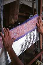 to Jpeg 42K 9809O35 A woman checking her tying of the resists around the silk weft threads against a woven ikat strip which she is using as a pattern during tying before the first application of dye in the ikat process at a weaving mill at Innbawkon (Inpawkhon) on Lake Inle, Shan State.