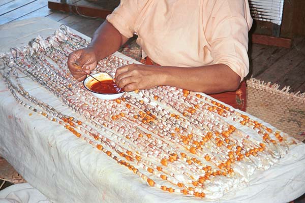 Jpeg 49K 9809O37 The ikat preparation process at a weaving mill at Innbawkon (Inpawkhon) on Lake Inle, Shan State: painting on the first dye in the ikat process.