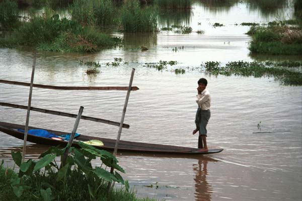 Jpeg 42K 9809P26  Intha boatman in the evening on Lake Inle, Shan State.