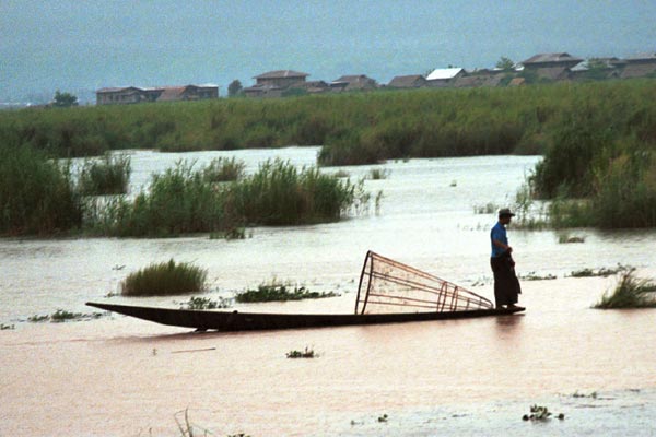 Jpeg 42K 9809R19  Intha fisherman in the evening on Lake Inle, Shan State.