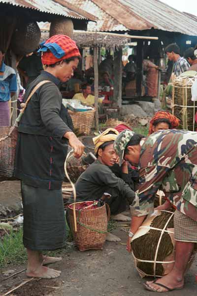 34K Jpeg 9809N01 Pa'O women at Nampan 5-day rotating market, Lake Inle, Shan State trading thanapet leaf from cordia trees used for rolling around the local cheroots.