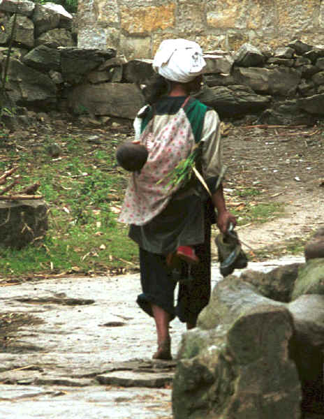 Bouyei  baby loosely slung in a baby carrier - Bi Ke village, Mi Gu township, Zhenfeng county, Guizhou province 0010r25.jpg