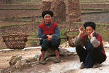 to Jpeg 98K Iron beating Miao women on their way to their fields stopping to watch the proceedings against a backdrop of rice straw haystacks, Gao Zhai village, Bai Jin township, Huishui county, Guizhou province 0110C36