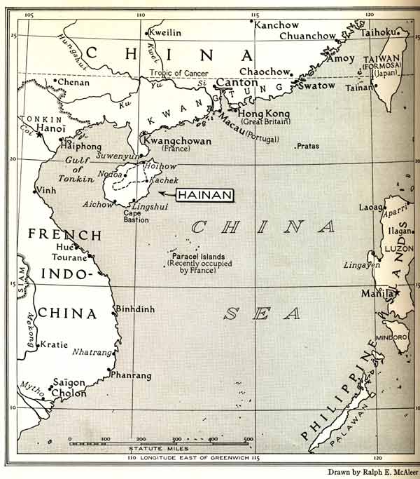 Jpeg 51K Map showing location of Hainan from the article in the September 1938 edition of The National Georgraphic Magazine "Among the Big Knot Lois of Hainan" by Leonard Clark.  The broken line indicates the route of Clark's July/August 1937 expedition