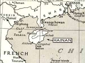 to Jpeg 51K Map showing location of Hainan from the article in the September 1938 edition of The National Georgraphic Magazine "Among the Big Knot Lois of Hainan" by Leonard Clark.  The broken line indicates the route of Clark's July/August 1937 expedition