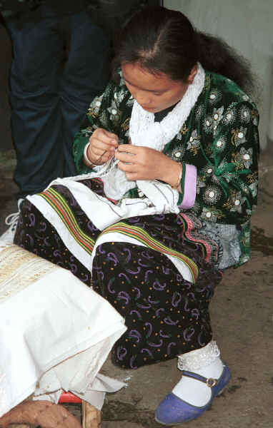 Young Side comb Miao woman working on embroidery for one of the strips to be inserted in a skirt - Long Dong village, De Wo township, Longlin country, Guangxi province 0010e22A.jpg