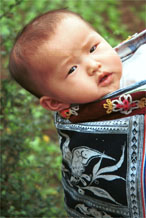 to Jpeg 72K Miao baby looking out of his wax resist indigo baby carrier. Lou Jia Zhuang village, Anshun city, Guizhou province 0110B08