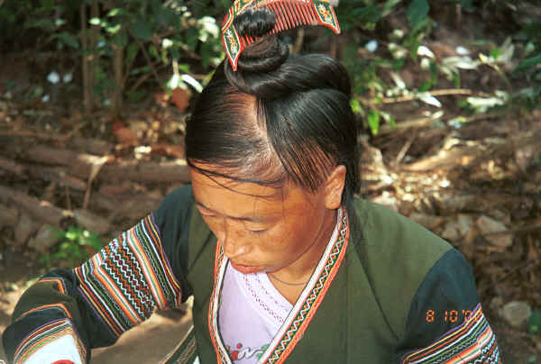 Side Comb Miao married woman showing how her hair is twisted into a coil on top of her head and the 'side comb', which gives the group their Han nickname, placed in the top of the coil - Pao Ma Cheng village, Teng Jiao township, Xingren country, Guizhou province 0010n22.jpg