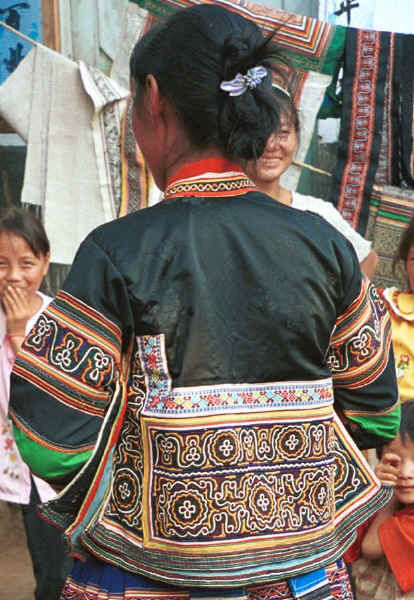 Back of a Side Comb Miao woman's jacket showing the embroidery made over paper cuts - Pao Ma Cheng village, Teng Jiao township, Xingren country, Guizhou province. 0010o18.jpg