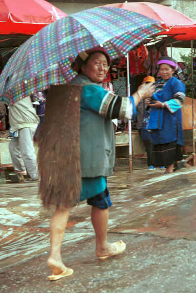 Sani trader using both a traditional natural fibre protection from the rain plus a more modern plastic one - Stone Forest, Shilin, Stone Forest county, Yunnan province 0010b14.jpg