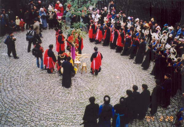 Jpeg 58K e24e 29 February 2004, the fourth day of the fertility festival in Langde village, Guizhou province. The villagers started to dance to lusheng and bronze drum and a magical tree was planted in the centre of the ground. Men and women in festival dress danced together, the girls wearing plenty of silver. All the girls who had married into other villages or places also came back for the dancing. Everyone from the village joined in the dancing, whether rich or poor, male or female, young or old. 