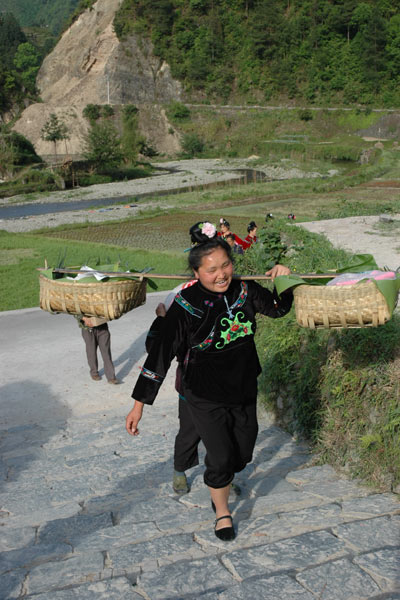 69K Jpg image The steamed rice given by Tony's older sister being carried up to the village.