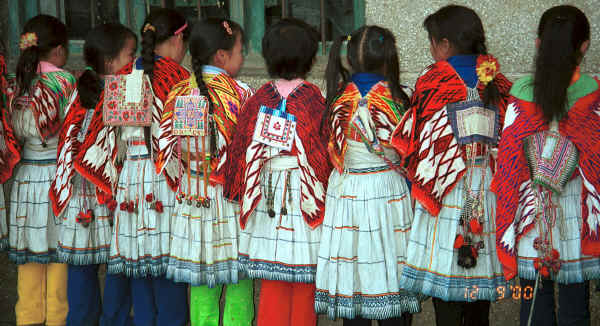 0010x14.jpg (705307 bytes)Back view of young Big Flower Miao girls in their festival finery - Xian Ma village, Hou Chang township, Puding county, Guizhou province  0010x14.pg