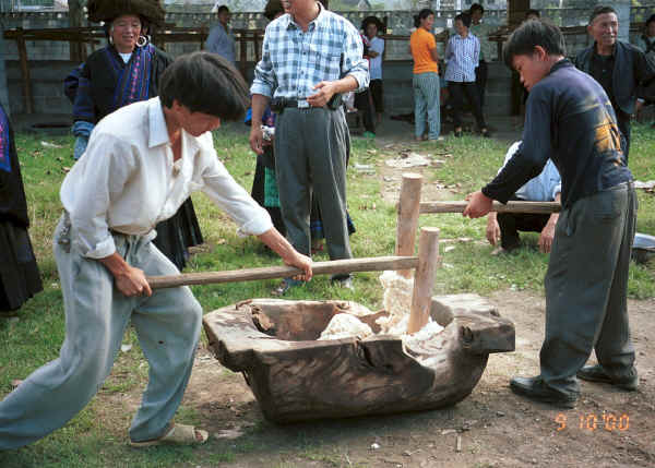 Young Black Miao men kneading the sticky rice served at festivals - Zuo Qi village, Min Gu township, Zhenfeng county, Guizhou province 0010p32.jpg