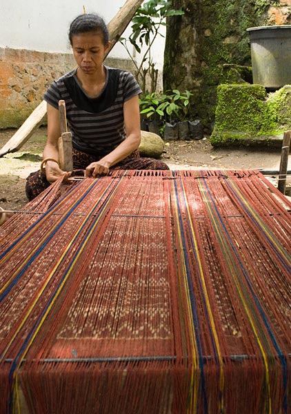 setting up the warp on the loom: ikat dyed threads are set up with plain threads that will become warp patterned bands in the finished textile. Watublapi