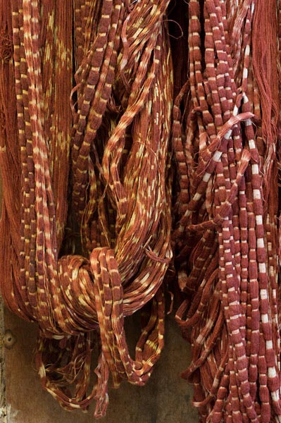 ikat, partly dyed, at Watublapi. The brown color becomes deeper if the yarn is left slightly damp after dyeing. Which might partly account for the unique smell of naturally dyed Morinda textiles