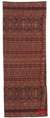 to 72K Jpg - Sarong from the weaving group at Sikka and the design is typical from that area. Commercial thread and synthetic dyes. The large motif is a flower basket (so I was told), like the flower offering baskets you see outside homes in Bali.