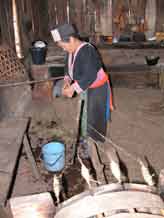 to Jpeg 56K A White Hmong woman splicing one of the hemp threads which are about to be spun together in the village of Ban Pha-nok-kok  3426