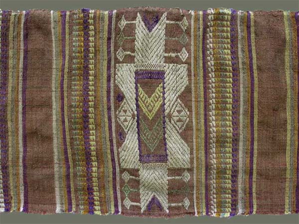 Jpeg 63K From Xam Tai, detail of an unusual mosquito net border (now in the collection of Pamela Cross) which is a lovely shade of brown, with accents of purple, gold and yellow. It is unusual because of the design motifs: elongated, stylized star motifs with arrows; also present in a few places are stylized animal motifs and figures with up-raised hands. One end is a dark red rather than brown. It is all handspun cotton (or perhaps fine hemp?) with cotton and some silk supplementary weft. Condition is very good, tho there are soiled areas throughout. Size: 274" (22'-10") x 9.5"