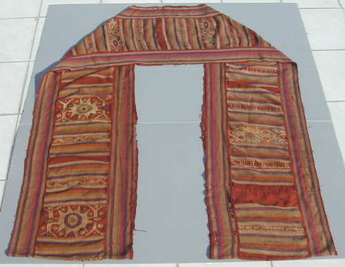 Jpeg 28K A woven and embroidered mosquito net border sourced out of Lai Chau Province in northwest Vietnam and thought to be about 40 years old when bought in 2003. It may well come from Lai Chau and be of Black Thai (Tai Dam) origin. However, the embroidered and woven designs are similar to a detail from a Tai Daeng mosquito net decoration, upper Xam Nuea style, early 20th century shown on page 219 (fig 9.33) of Patricia Cheesman's book (2004) 'Lao-Tai Textiles: The Textiles of Xam Nuea and Muang Phuan'