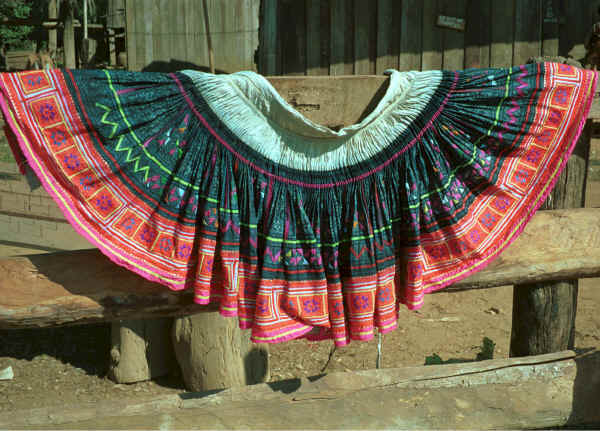 Blue Hmong skirt hanging out to dry in a village on Doi Chiang Dao on the road from Chiang Mai to Fang 8812n27A