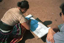 to Jpeg 39K Blue Hmong woman applying wax to a piece of cotton fabric for a skirt (before dyeing with indigo) 8812n30A