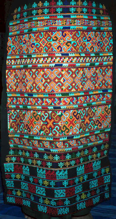 An embroidered panel for a pair of Yao women's trousers.  This was purchased in December 1988 in Chiang Mai night market from the Yao woman who had embroidered it. 8812m14.jpg