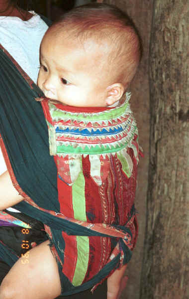 Jpeg 34K Black Thai baby in a baby carrier made with an insertion of supplementary woven cloth and layers of edging made from individually folded 'points'.  A village near Dien Bien Phu, Lai Chau Province. 9510E22.JPG