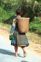 to Jpeg 52K  510A35 Hmong woman walking along the road from Moc Chau to Son La in Son La province.  There is some similarity of costume between these Hmong and photos of Black Hmong in Mai Chau district, Hoa Binh province shown in Hill Tribes of Vietnam, Volume 1 by Joachim Schliesinger. Son La province borders on Hoa Binh province in the far south east with the Moc Chau and Mai Chau districts adjacent. The hair style of the woman is also similar to that shown in the Schliesinger Black Hmong photos.