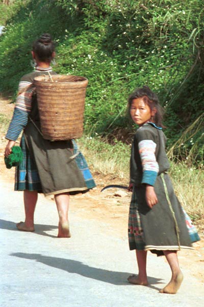 Jpeg 51K  9510A36 Hmong woman and girl walking along the road from Moc Chau to Son La in Son La province.  There is some similarity of costume between these Hmong and photos of Black Hmong in Mai Chau district, Hoa Binh province shown in Hill Tribes of Vietnam, Volume 1 by Joachim Schliesinger. Son La province borders on Hoa Binh province in the far south east with the Moc Chau and Mai Chau districts adjacent. The hair style of the woman is also similar to that shown in the Schliesinger Black Hmong photos.