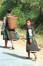 to Jpeg 51K  9510A36 Hmong woman and girl walking along the road from Moc Chau to Son La in Son La province.  There is some similarity of costume between these Hmong and photos of Black Hmong in Mai Chau district, Hoa Binh province shown in Hill Tribes of Vietnam, Volume 1 by Joachim Schliesinger. Son La province borders on Hoa Binh province in the far south east with the Moc Chau and Mai Chau districts adjacent. The hair style of the woman is also similar to that shown in the Schliesinger Black Hmong photos.