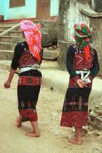 to 43K Jpeg 9510I15 Two Phula, Xa Pho girls in Sa Pa, Lao Cai Province, north west Vietnam. Note the wool embroidery on the blouse and skirts with Jacob's tear seeds on the blouses. 