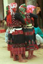 to 47K Jpeg 9510I18 Four Phula, Xa Pho girls in Sa Pa, Lao Cai Province, north west Vietnam. Note the wool embroidery on the blouse and skirts with Jacob's tear seeds on the blouses. 