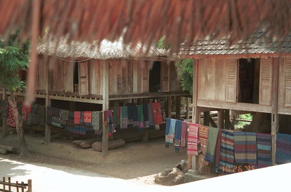 Southern White Thai weavings hanging outside houses in In Ban Lac village in the Mai Chau district, Hoa Binh (Ha Son Binh) Province 9510A15E