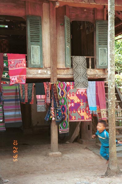 Southern White Thai weavings hanging outside houses in In Ban Lac village in the Mai Chau district, Hoa Binh (Ha Son Binh) Province 9510A17E