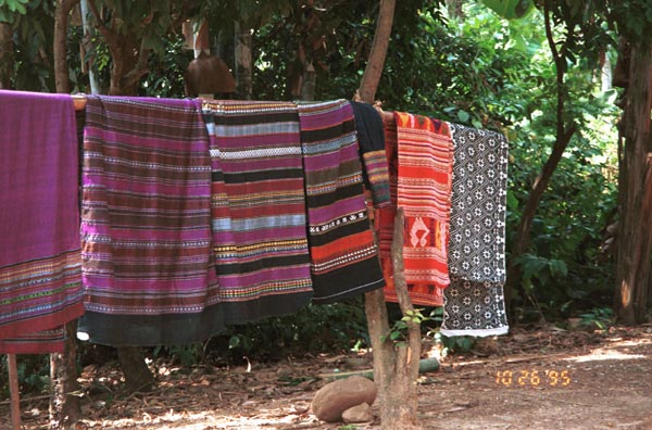 Southern White Thai weavings hanging outside houses in In Ban Lac village in the Mai Chau district, Hoa Binh (Ha Son Binh) Province, Vietnam 9510A20E